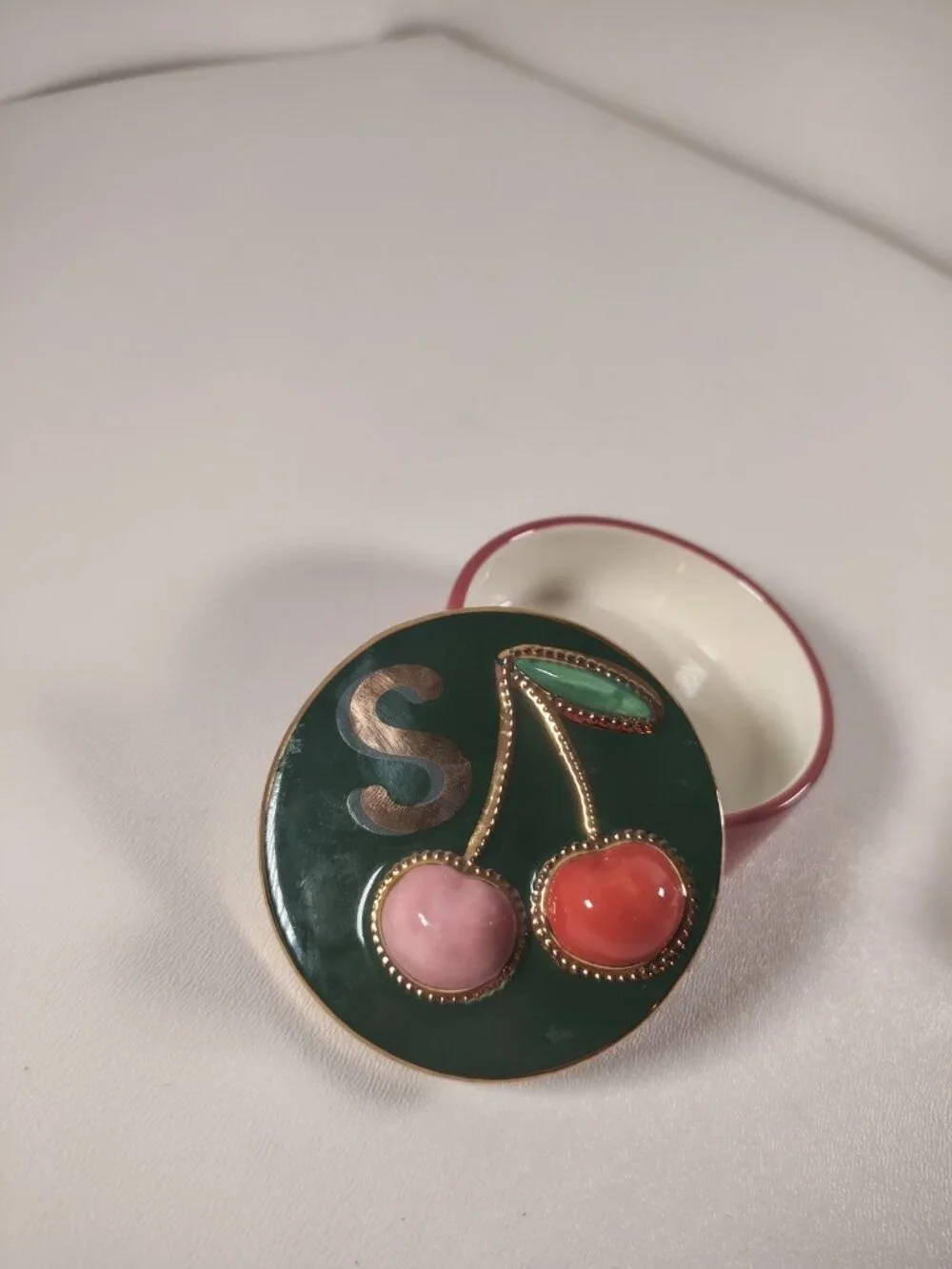 Anthropologie Monogram S Cherry Ceramic Trinket Box Jewelry Box with Lid
